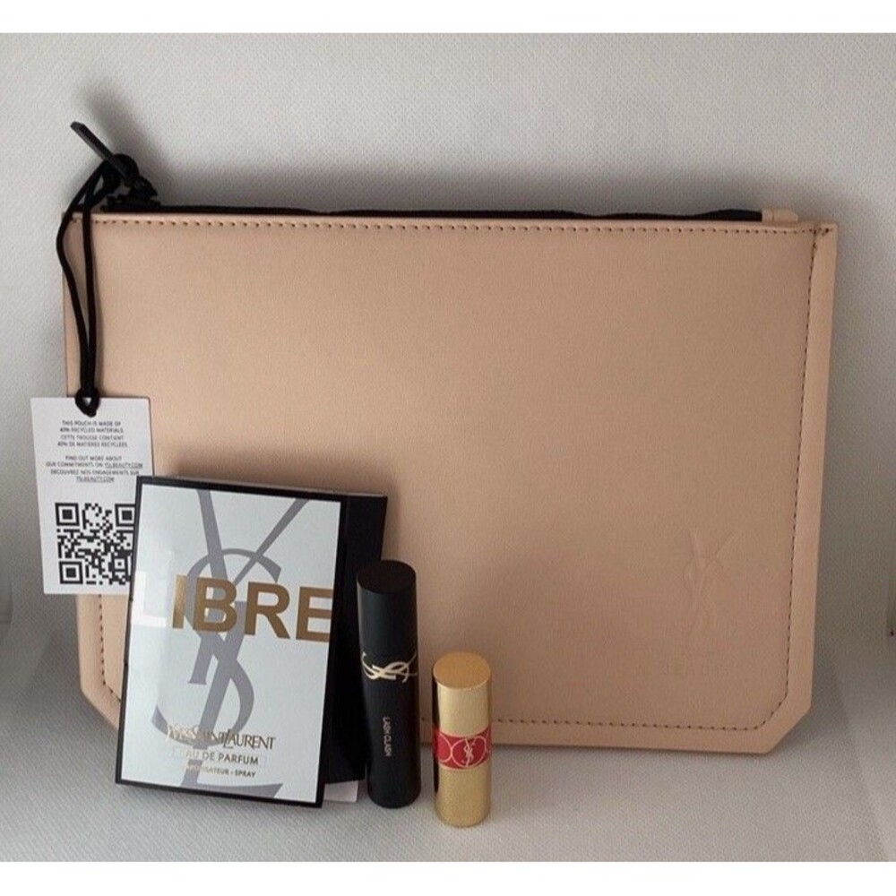 Yves Saint Laurent YSL Beige Makeup Bag Pouch Mini Perfume Lipstick Mascara